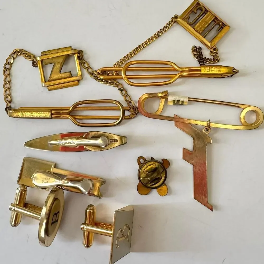 Vintage Lot of 8 Men’s Jewelry Swank, Hickok Cufflinks, Tie Bar Monogram Pins